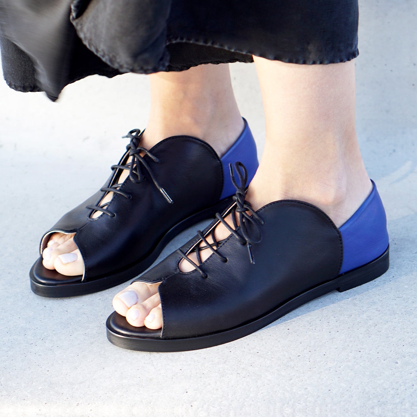Kela Open Toe Brogue | Black & Cobalt Calfskin Leather