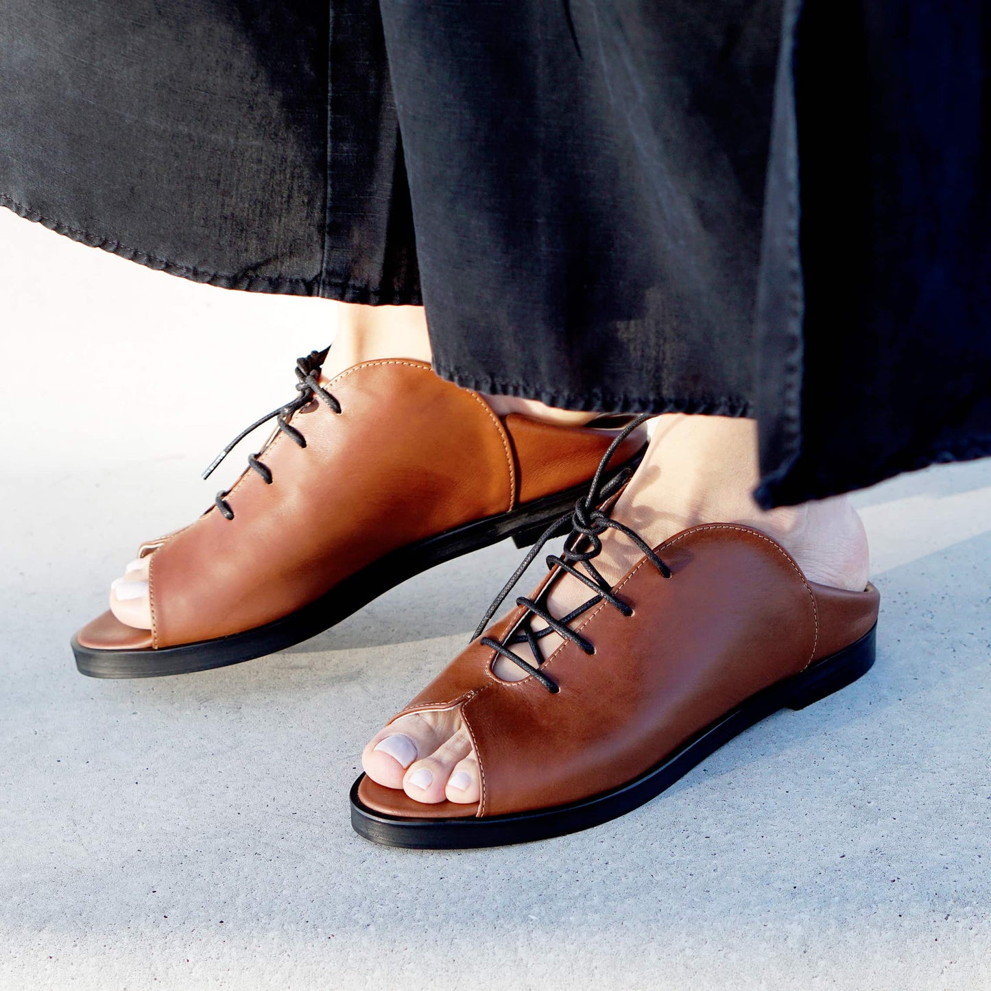 Kela Open Toe Brogue | Camel Calfskin Leather