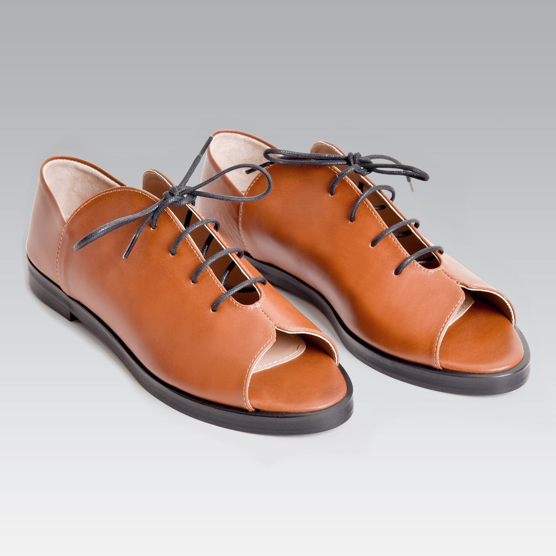 Kela Open Toe Brogue | Camel Calfskin Leather