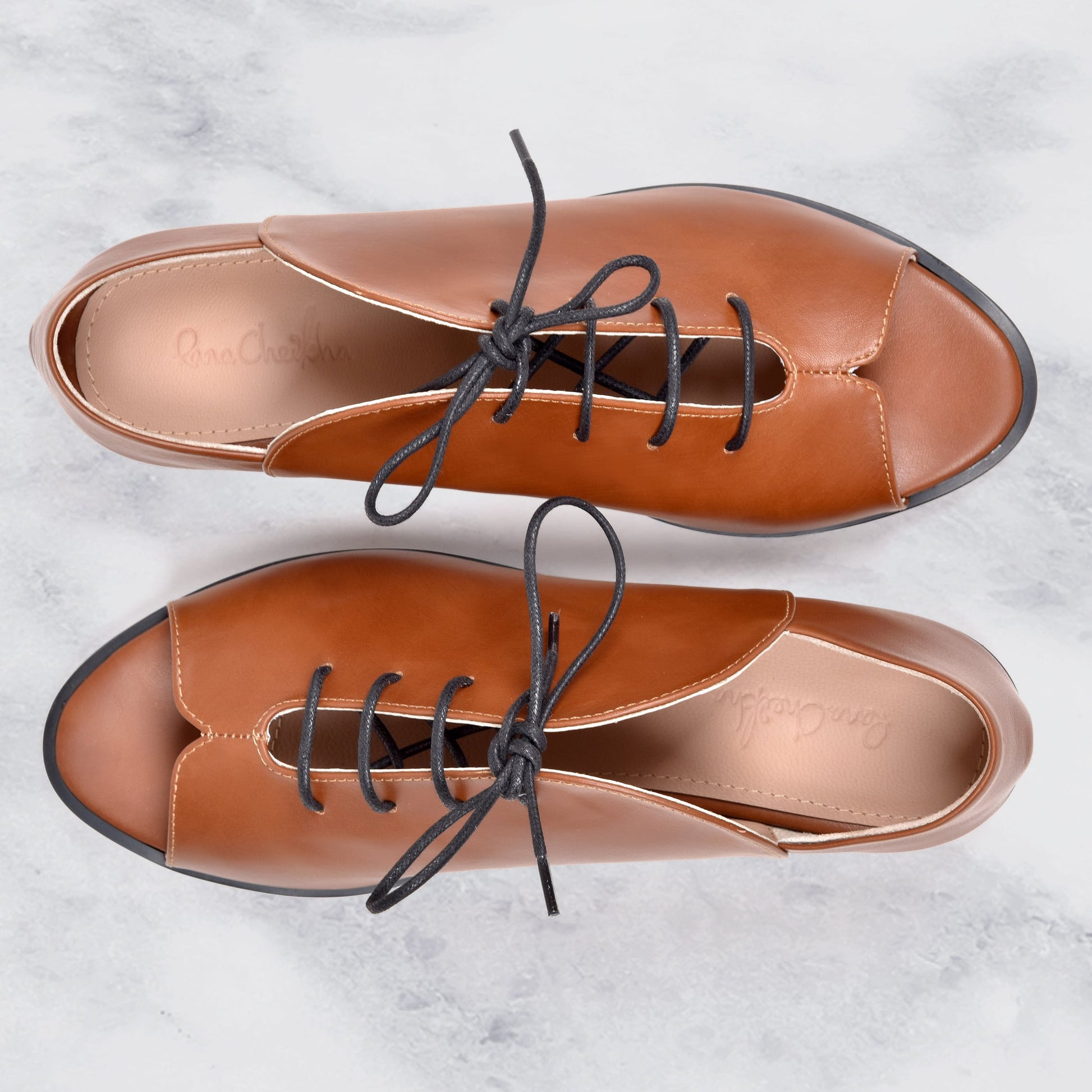 Kela Open Toe Brogue | Camel Calfskin Leather
