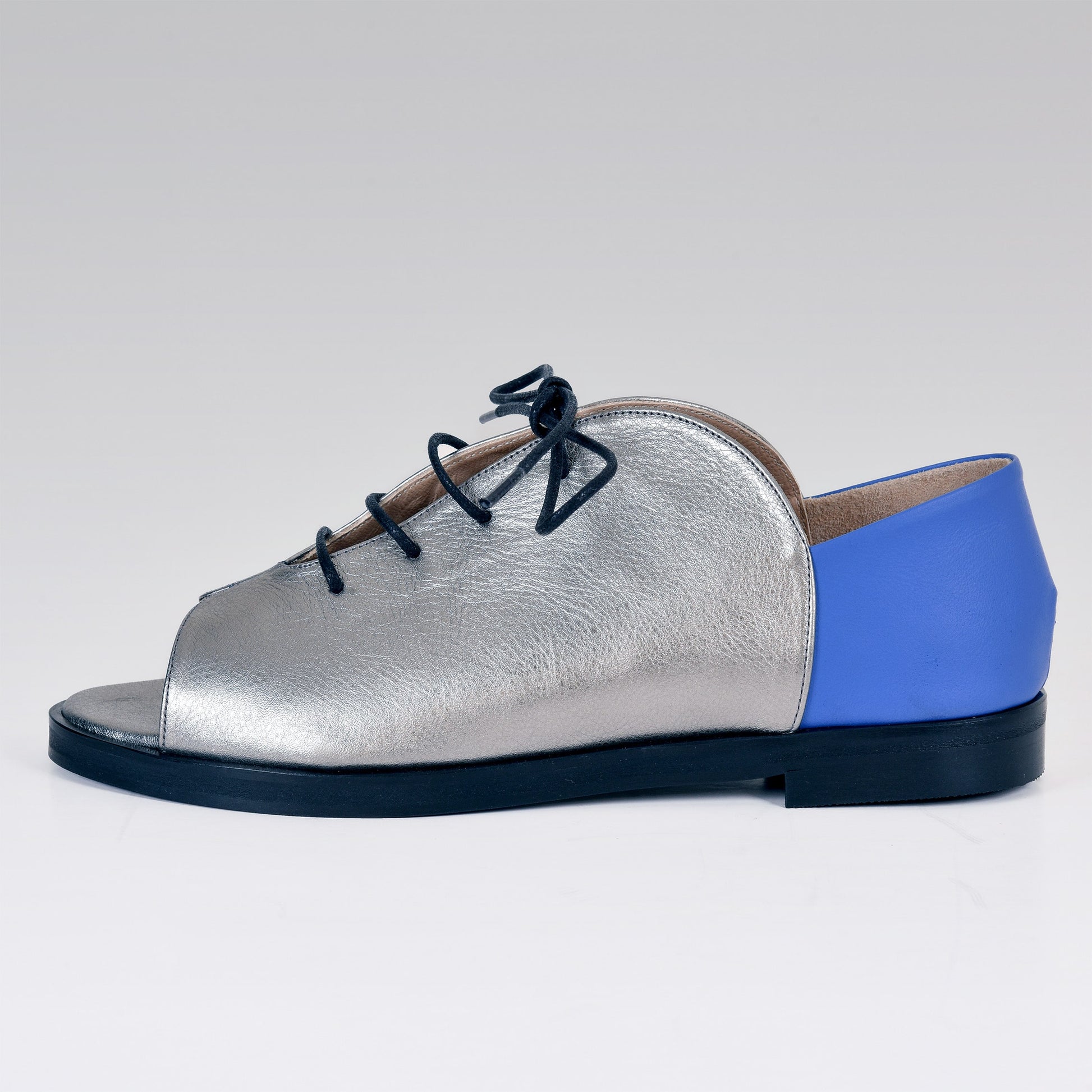 Kela Open Toe Brogue, Silver & Cobalt Calfskin Leather, Handmade Shoes, Comfortable Shoes, Genuine Leather Shoes