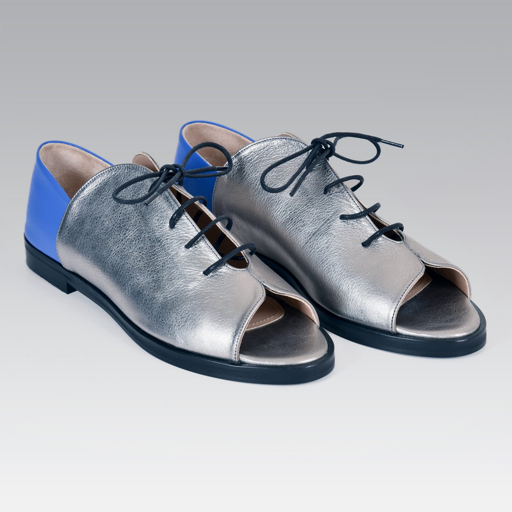 Kela Open Toe Brogue, Silver & Cobalt Calfskin Leather, Handmade Shoes, Comfortable Shoes, Genuine Leather Shoes