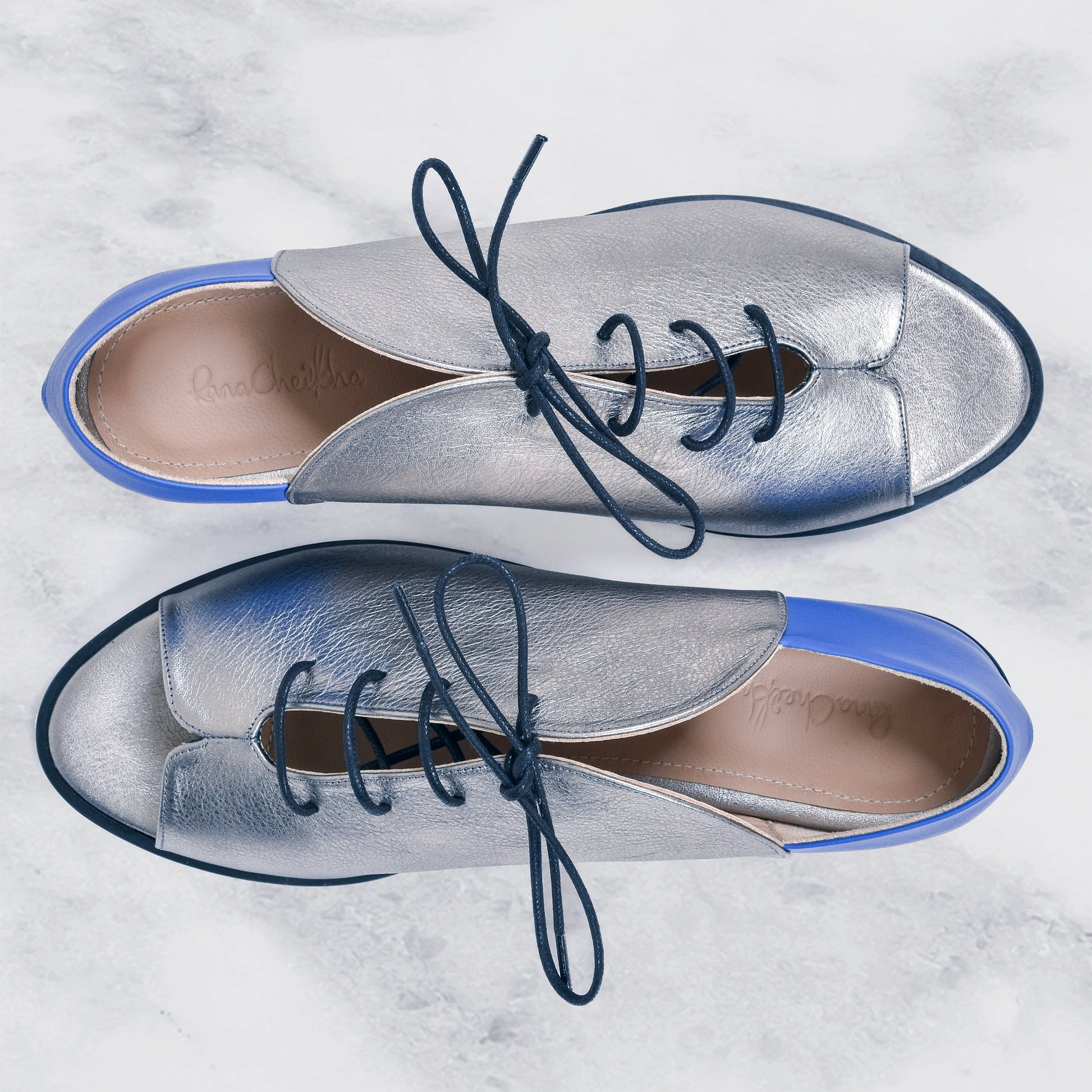 Kela Open Toe Brogue, Silver & Cobalt Calfskin Leather, Handmade Shoes, Comfortable Shoes, Genuine Leather Shoes