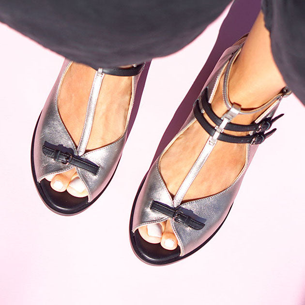 Silver Genuine Calfskin Leather Woman Comfortable Block Heel Sandal