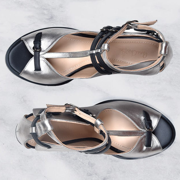 Silver Genuine Calfskin Leather Woman Comfortable Block Heel Sandal