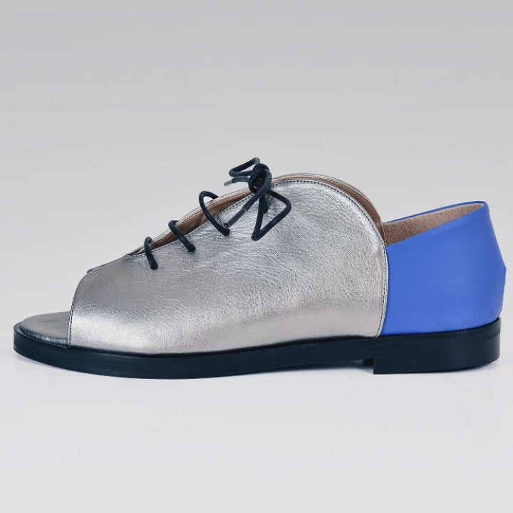 Kela Open Toe Brogue, Silver & Cobalt Calfskin Leather, Handmade Shoes, Comfortable Shoes, Genuine Leather Shoes