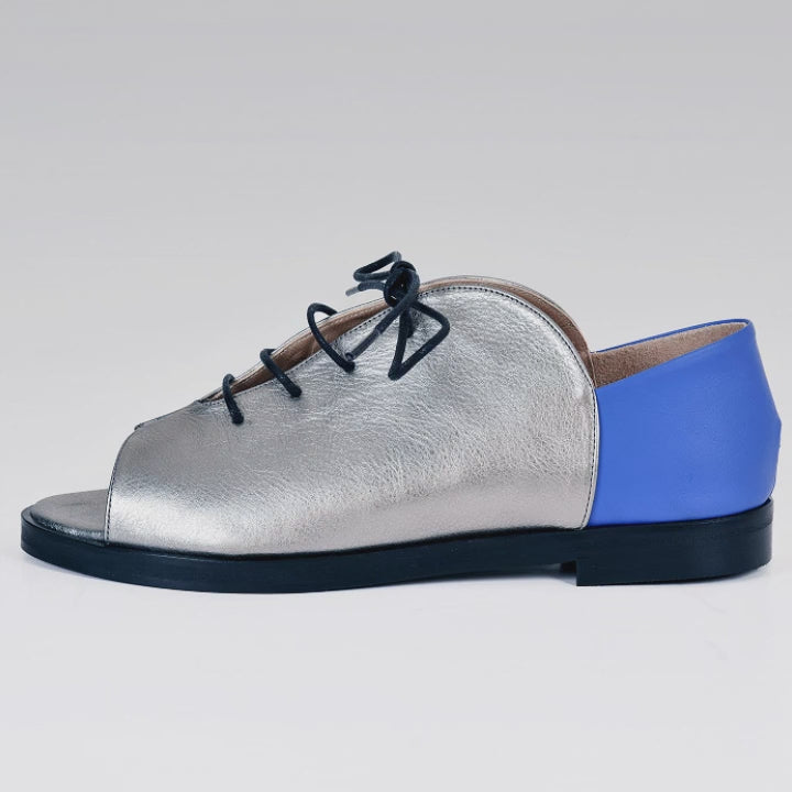 Kela Open Toe Brogue, Silver & Cobalt Calfskin Leather, Handmade Shoes, Comfortable Shoes, Genuine Leather Shoes