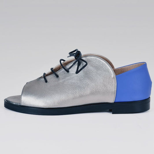Kela Open Toe Brogue, Silver & Cobalt Calfskin Leather, Handmade Shoes, Comfortable Shoes, Genuine Leather Shoes