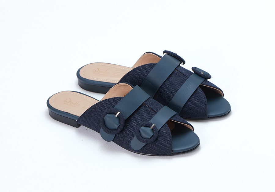 Akai Slide | Navy Fabric & Calfskin Leather - Rana Cheikha