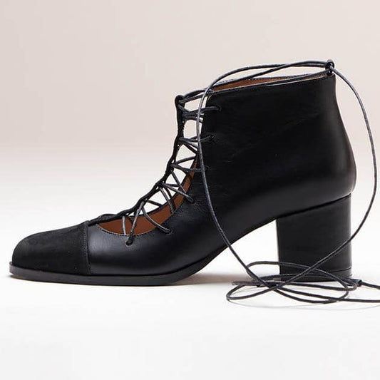 black suede genuine calfskin leather t-strap lace-up laces toe cap high block heel