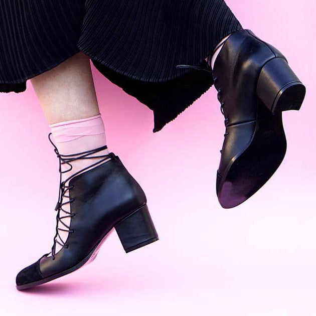 black suede genuine calfskin leather t-strap lace-up laces toe cap high block heel