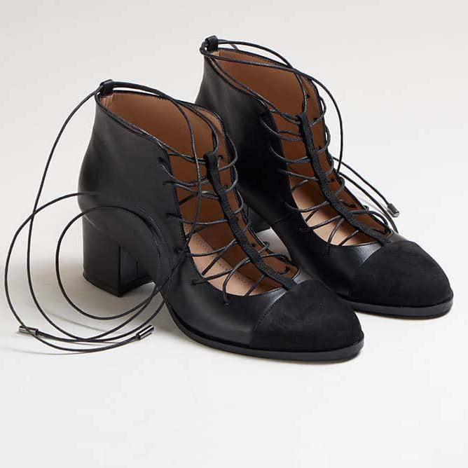 black suede genuine calfskin leather t-strap lace-up laces toe cap high block heel 