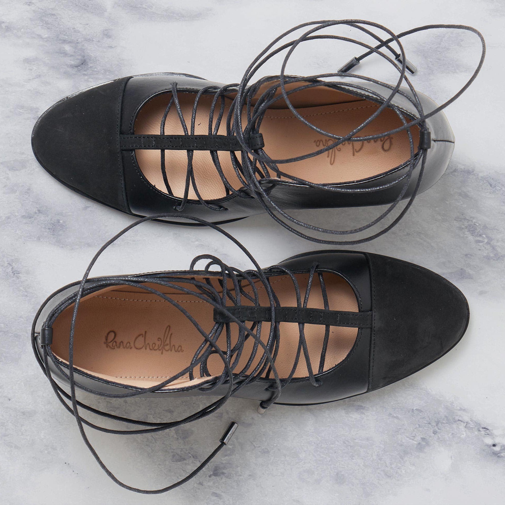 black suede genuine calfskin leather t-strap lace-up laces toe cap high block heel