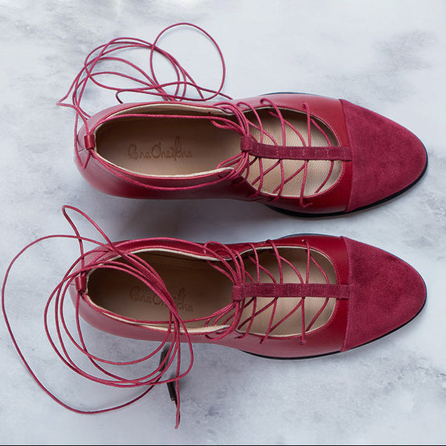 red genuine leather t-strap lace-up laces toe cap high block heel