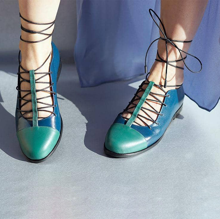 blue petrol genuine calfskin leather t-strap lace-up laces toe cap shoe