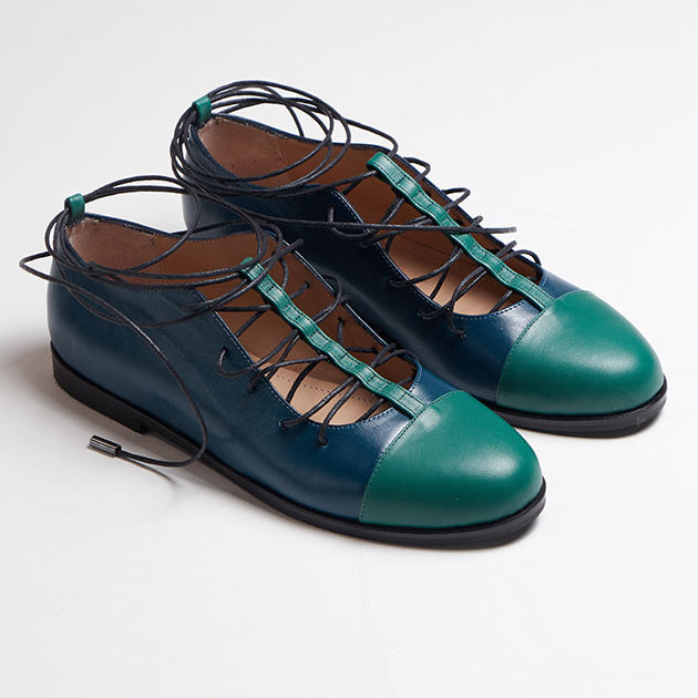 blue petrol genuine calfskin leather t-strap lace-up laces toe cap shoe
