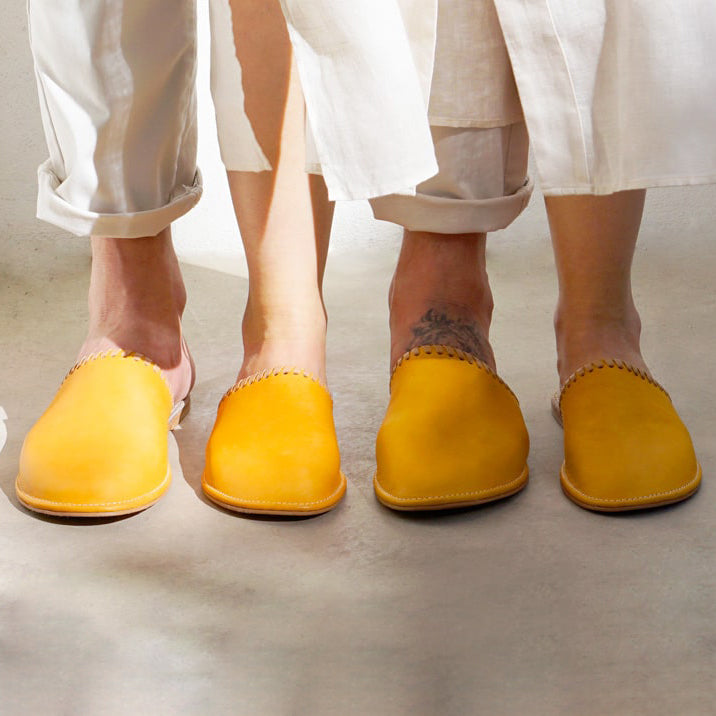 mustard leather Unisex slipper designed by rana cheikha