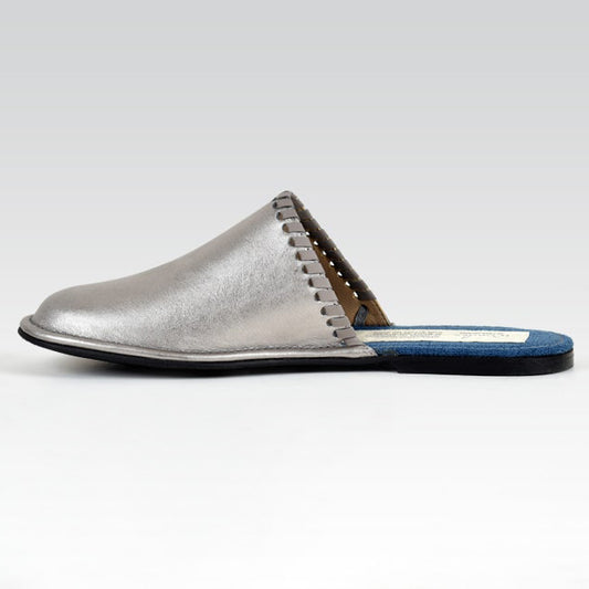 silver leather Unisex slipper designed by rana cheikha
