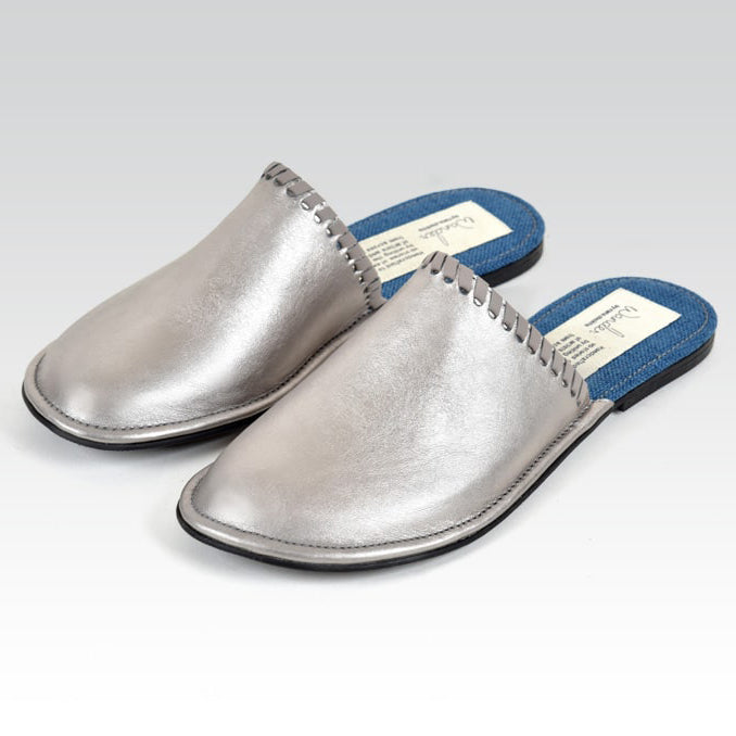 silver leather Unisex slipper designed by rana cheikha