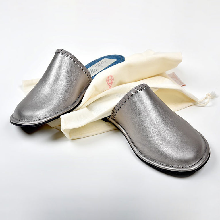 silver leather Unisex slipper designed by rana cheikha