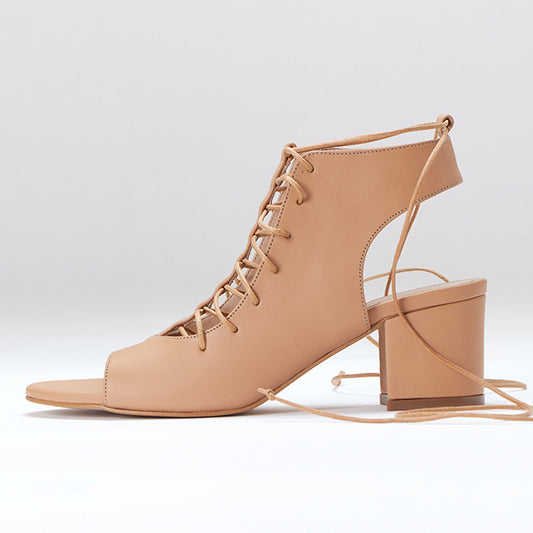Camel genuine calfskin leather t-strap lace-up block heel shoe