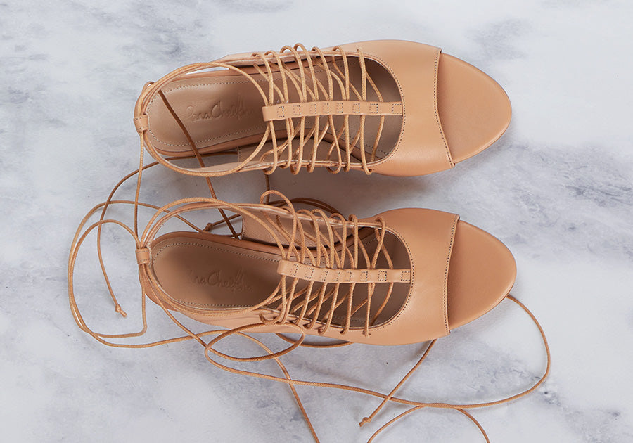 Camel genuine calfskin leather t-strap lace-up block heel shoe