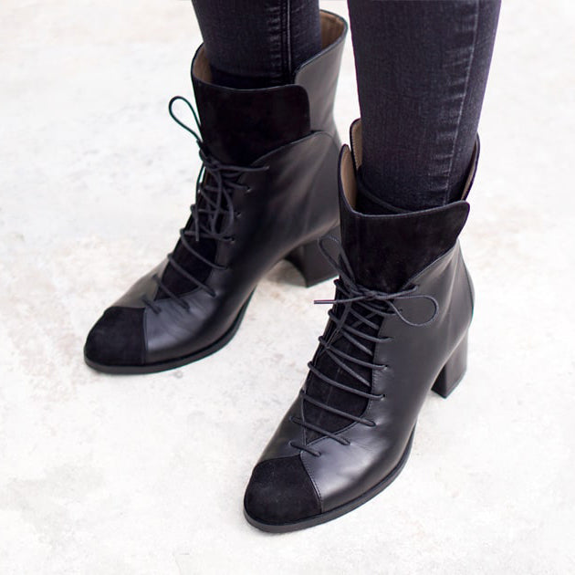 Black Leather Comfortable Block Heel Boot