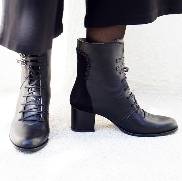 Alya Block Heel Boot | Black Calfskin & Suede Leather