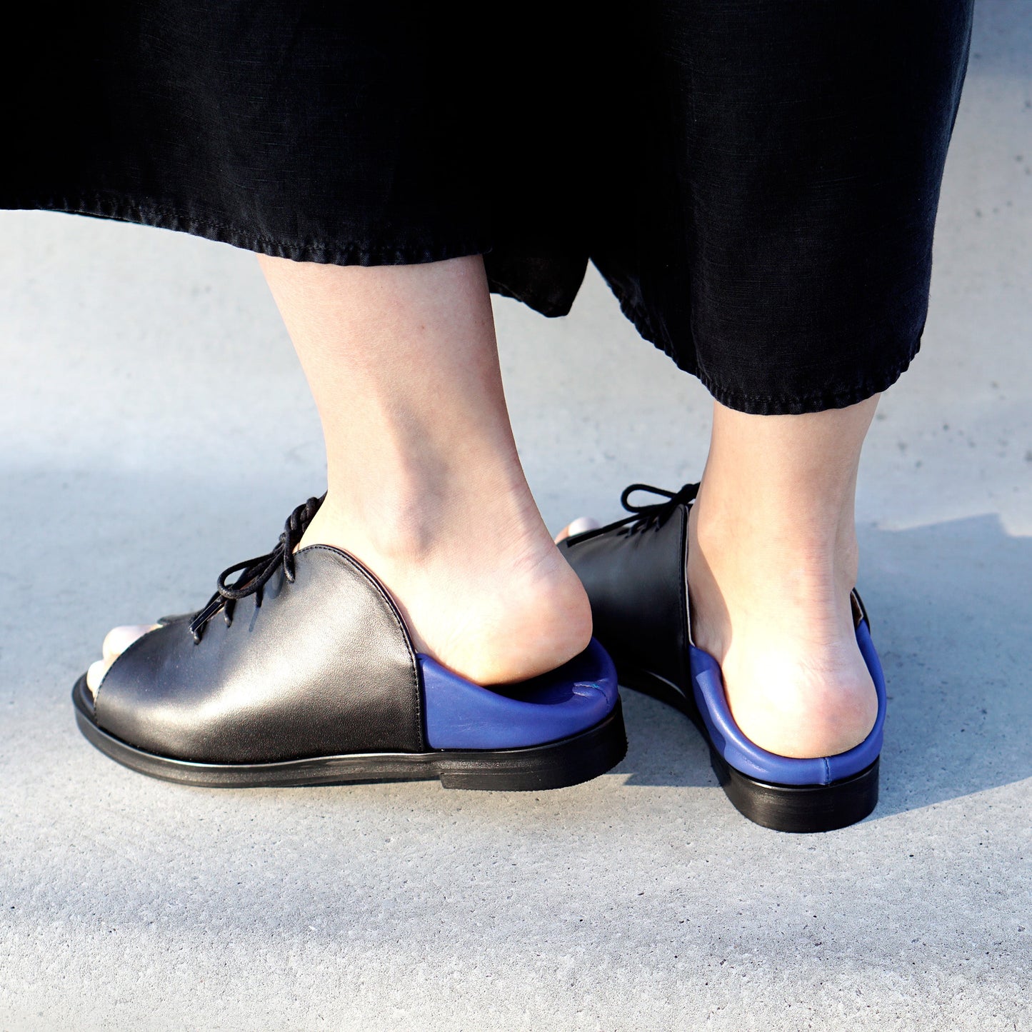 Kela Open Toe Brogue | Black & Cobalt Calfskin Leather