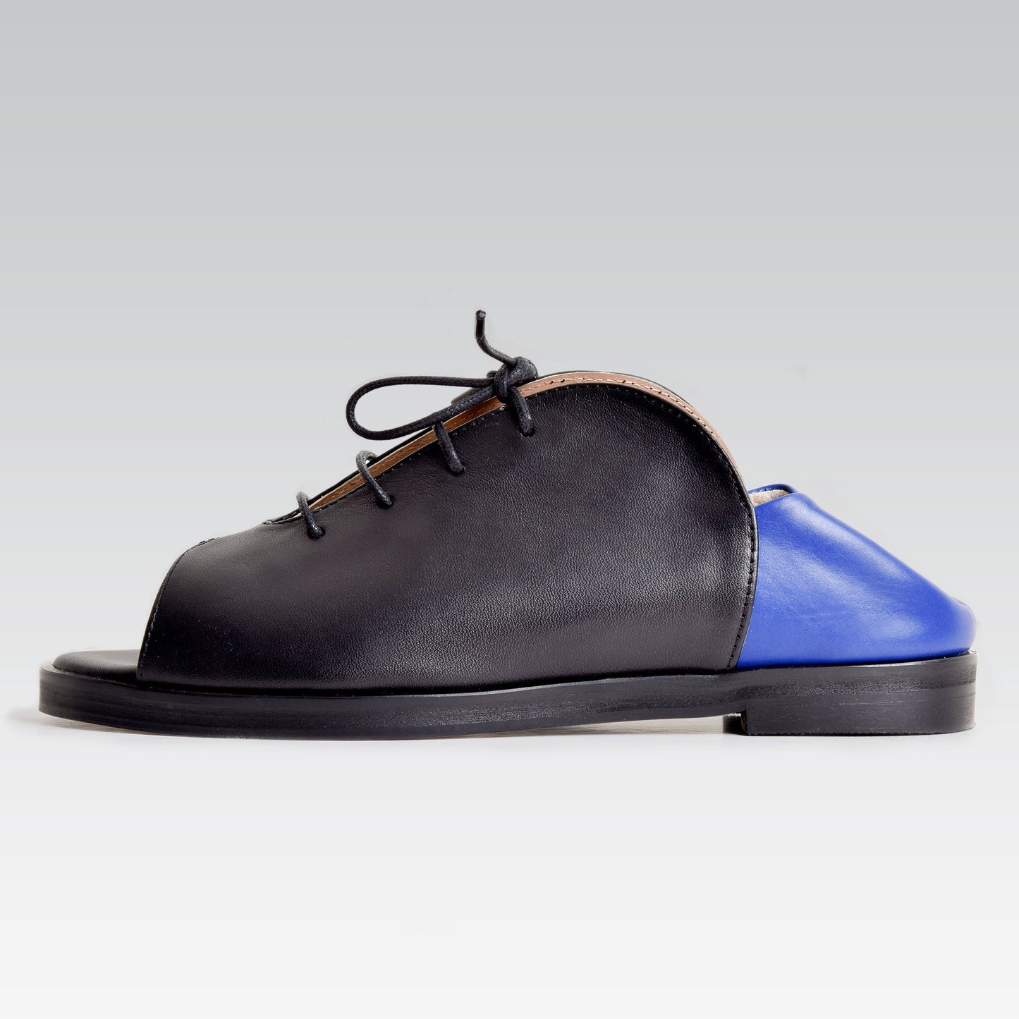 Kela Open Toe Brogue | Black & Cobalt Calfskin Leather