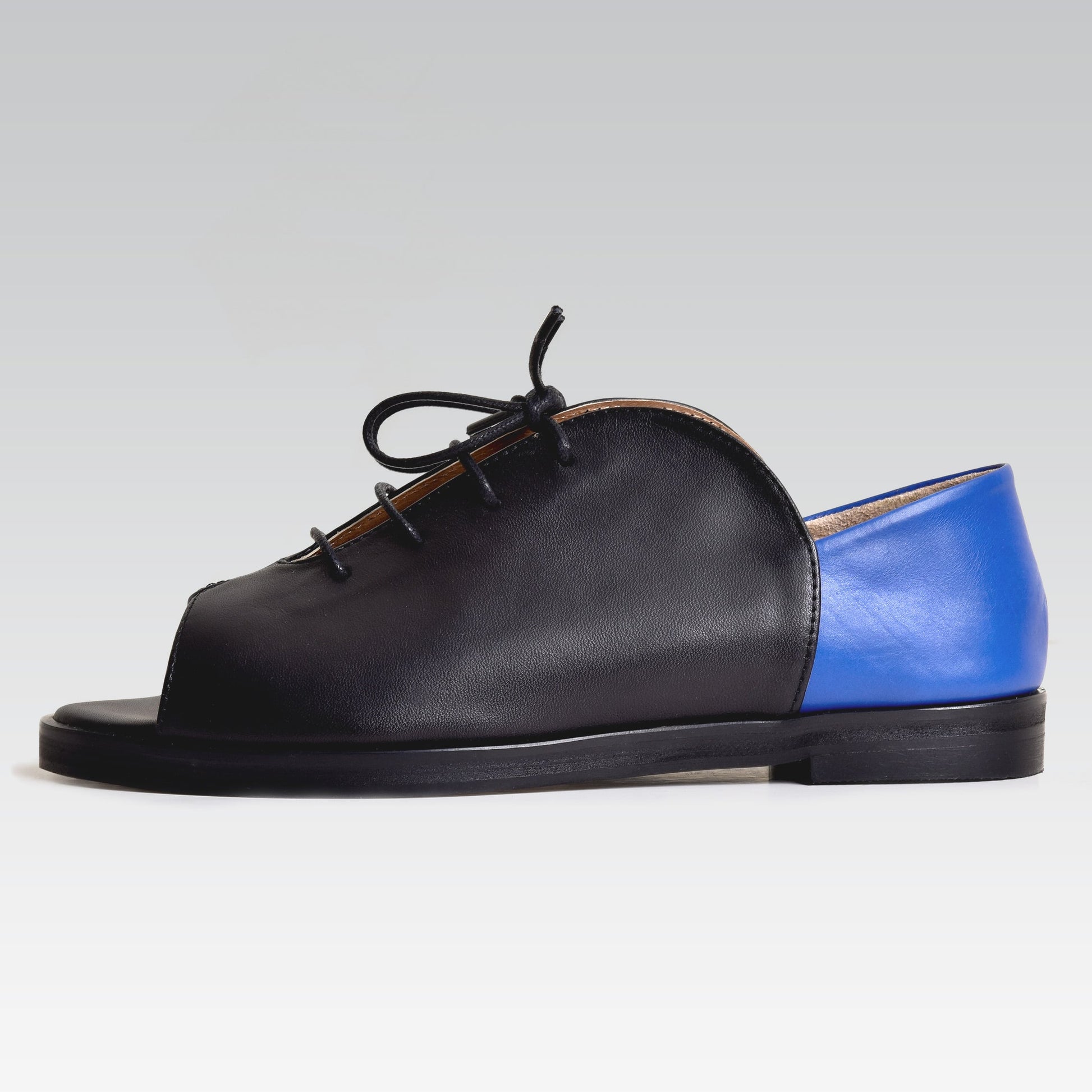 Kela Open Toe Brogue | Black & Cobalt Calfskin Leather