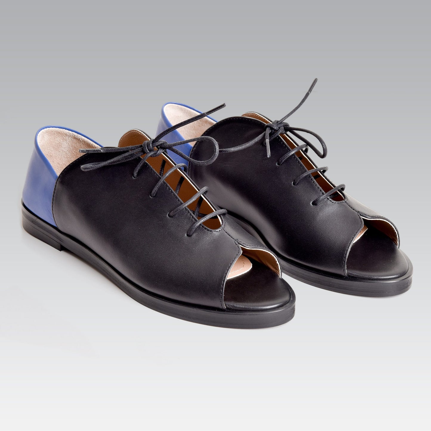 Kela Open Toe Brogue | Black & Cobalt Calfskin Leather