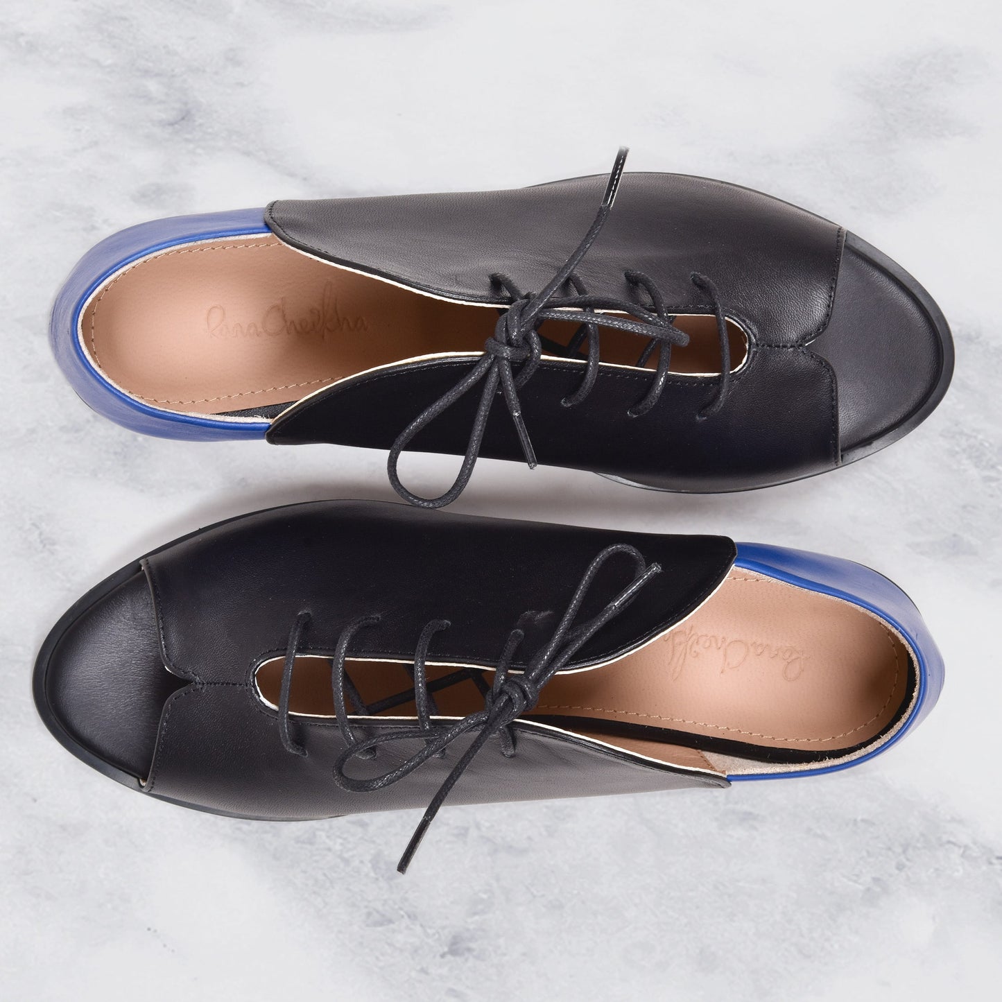 Kela Open Toe Brogue | Black & Cobalt Calfskin Leather