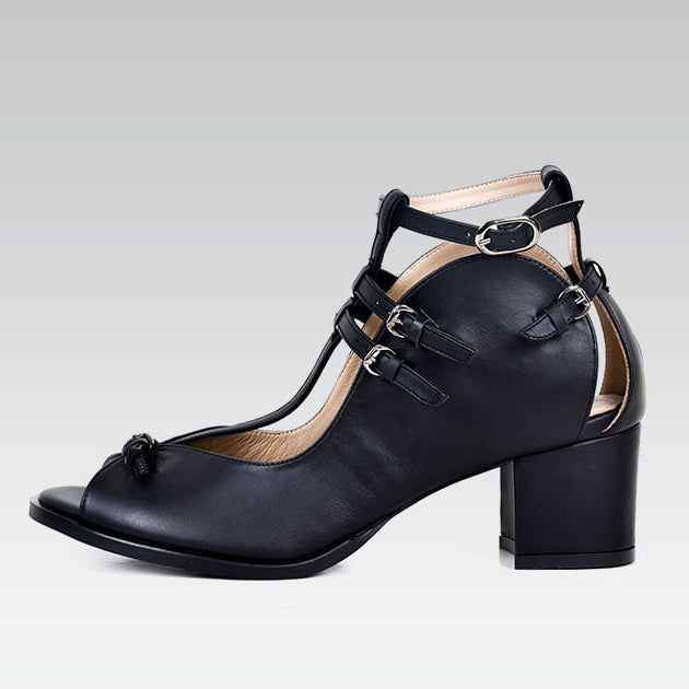 Black Genuine Calfskin Leather Woman Comfortable Block Heel Sandal