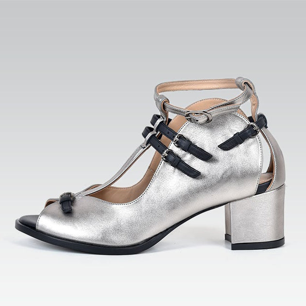 Silver Genuine Calfskin Leather Woman Comfortable Block Heel Sandal