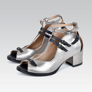 Silver Genuine Calfskin Leather Woman Comfortable Block Heel Sandal