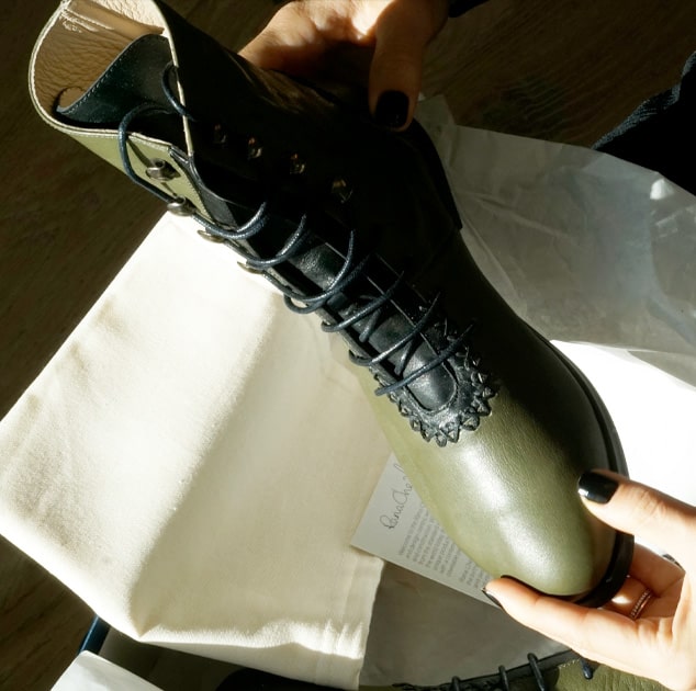Unboxing khaki green comfortable woman leather calf boot handmade handstitching 