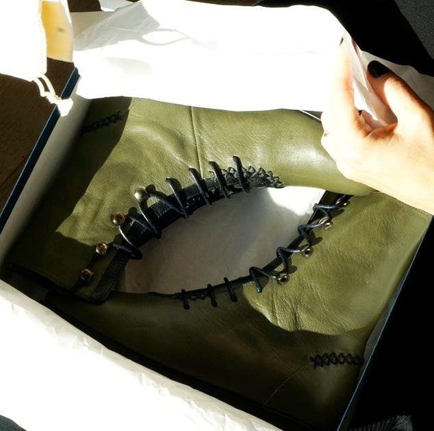 Khaki green comfortable woman leather calf boot handmade handstitching 