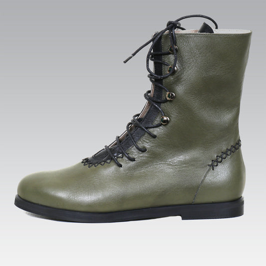 Khaki green comfortable woman leather calf boot handmade handstitching 