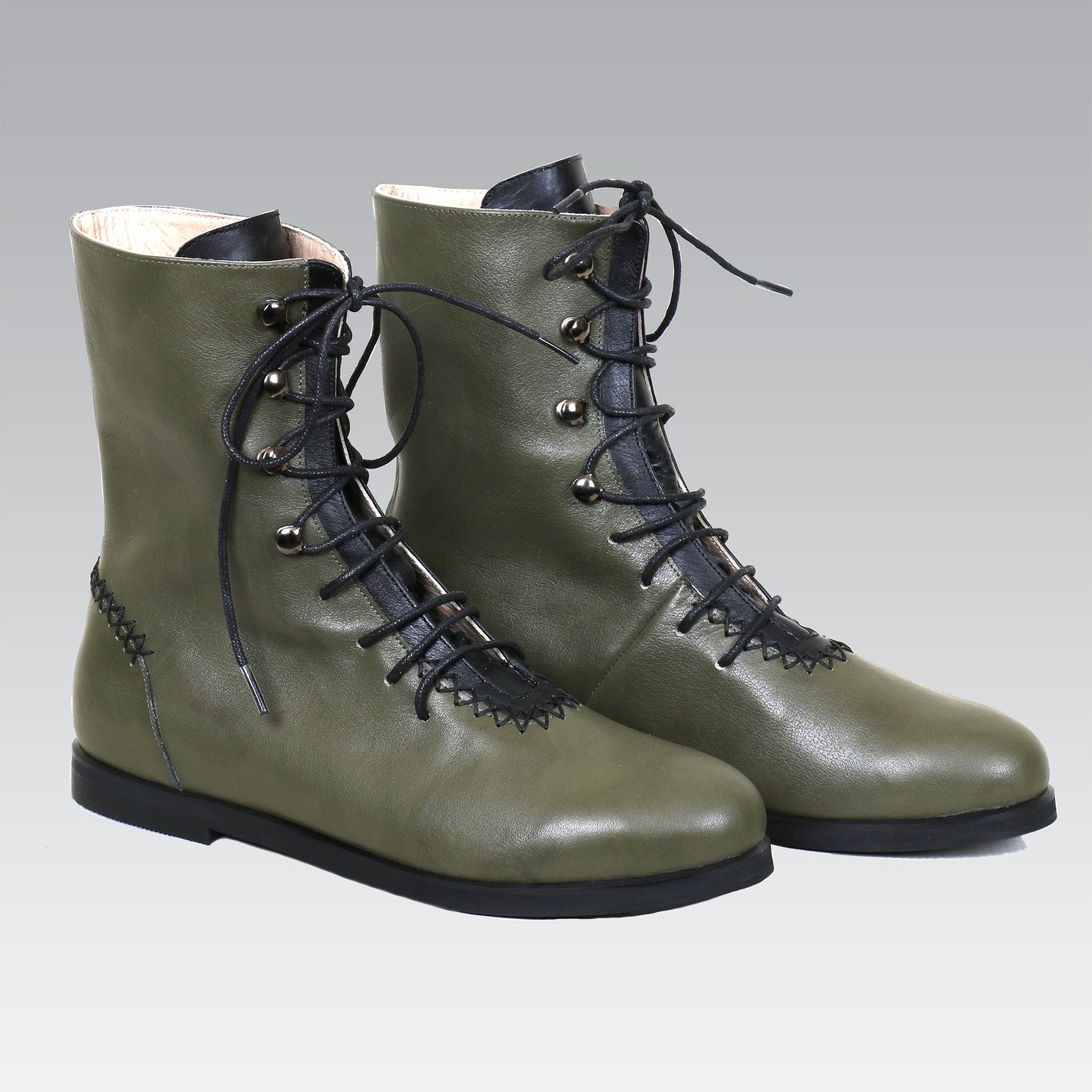 Khaki green comfortable woman leather calf boot handmade handstitching 
