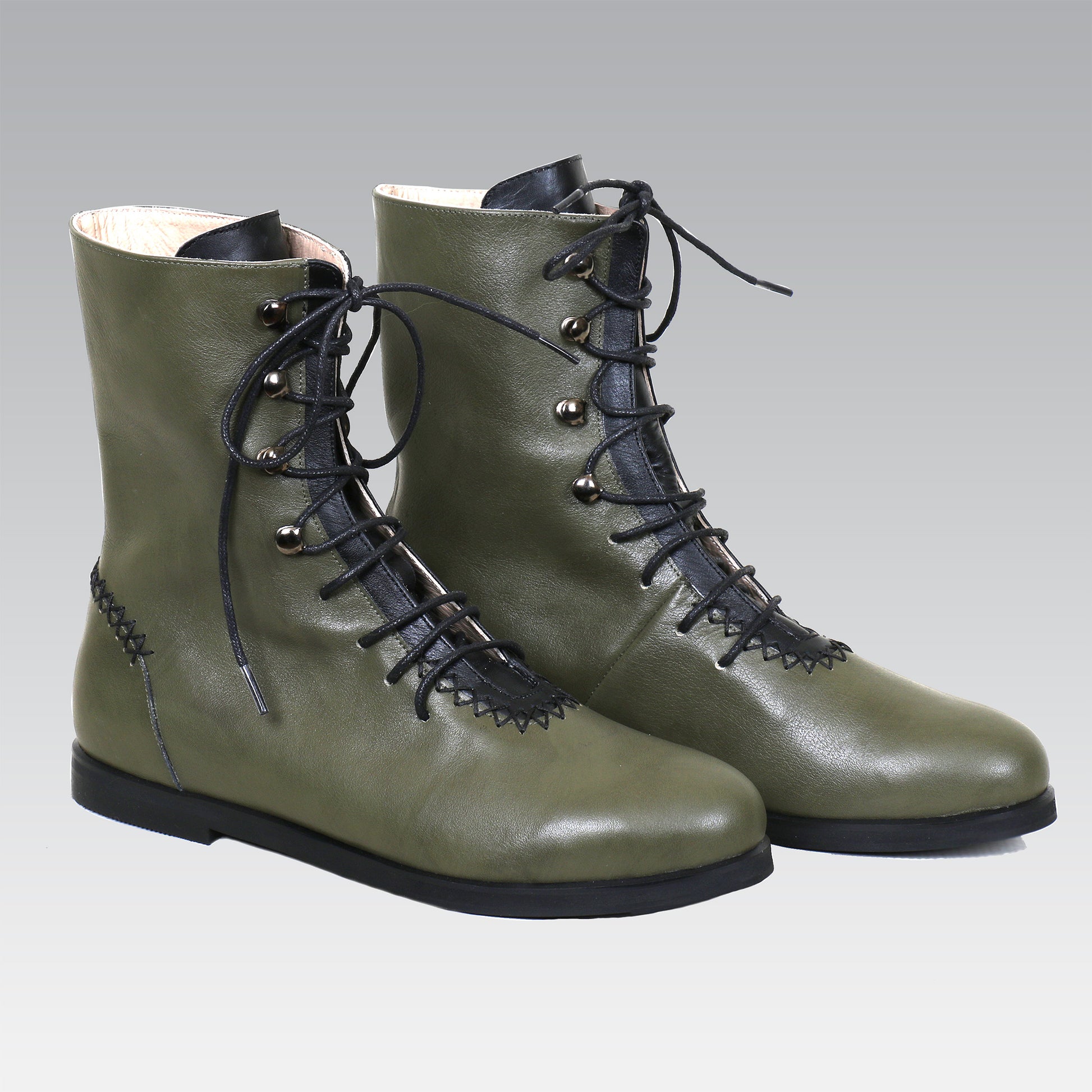 Khaki green comfortable woman leather calf boot handmade handstitching 