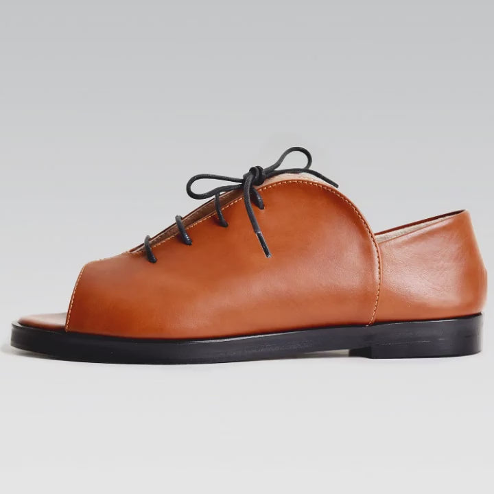 Kela Open Toe Brogue | Camel Calfskin Leather – Rana Cheikha
