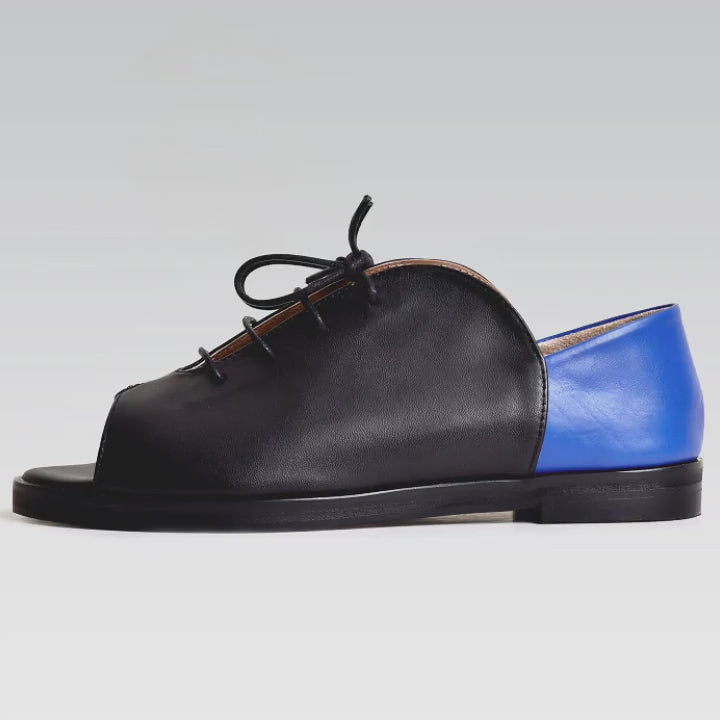 Kela Open Toe Brogue | Black & Cobalt Calfskin Leather