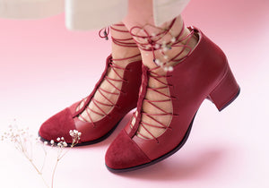black suede genuine calfskin leather t-strap lace-up laces toe cap high block heel red suede genuine calfskin leather t-strap lace-up laces toe cap high block heel 