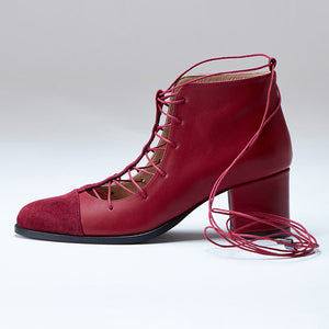 red genuine leather t-strap lace-up laces toe cap high block heel
