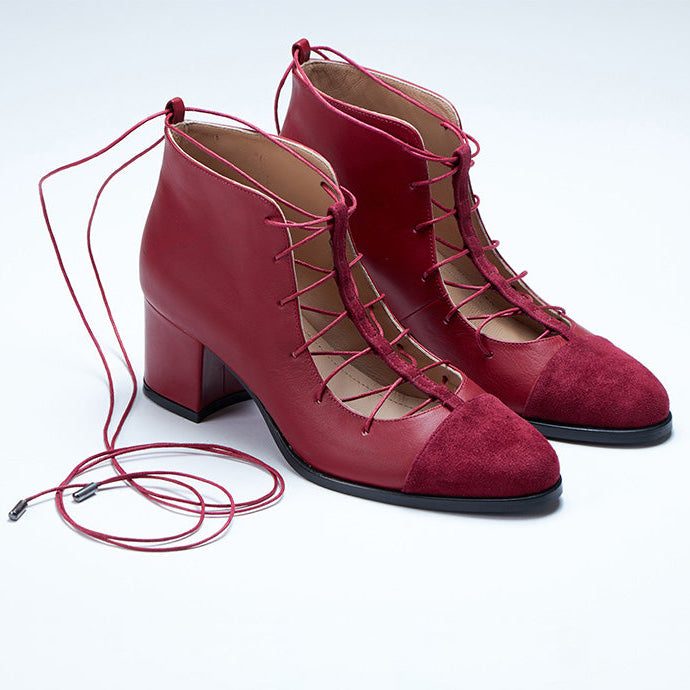 red genuine leather t-strap lace-up laces toe cap high block heel