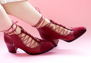 black suede genuine calfskin leather t-strap lace-up laces toe cap high block heel red suede genuine calfskin leather t-strap lace-up laces toe cap high block heel 