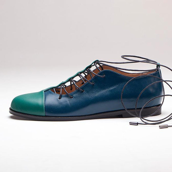 blue petrol genuine calfskin leather t-strap lace-up laces toe cap shoe