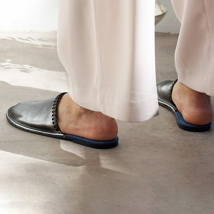 silver leather Unisex slipper designed by rana cheikha