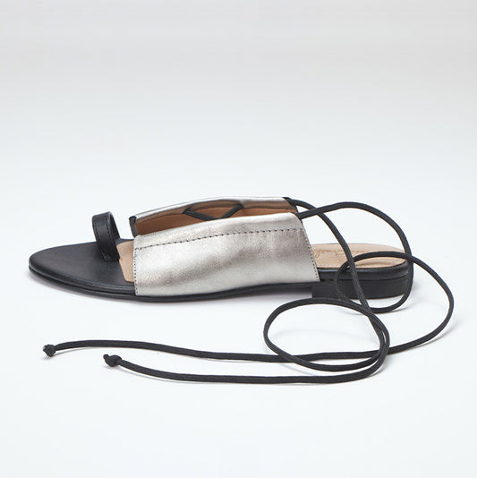 Metallic Silver and Black genuine calfskin leather Summer Sandal